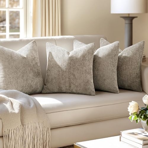 Image of MIULEE Pack of 4 Couch Throw Pillow Covers 22x22 Inch Khaki Soft Decorative Chenille Pillow Covers Farmhouse Accent Cushion Covers for Boho Home Decor Sofa Bedroom Living Room
