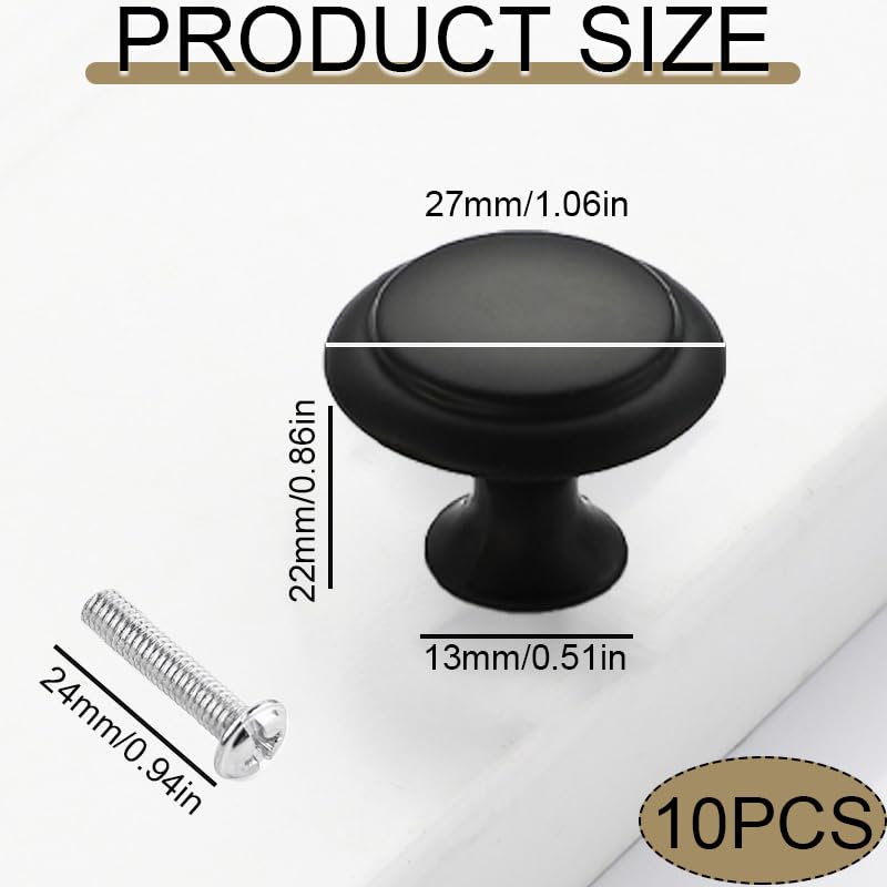 KOZOY Drawer Knob, 10 Pcs Black Round Cupboard Handles Knobs, 27x22mm Cabinet Knobs - Image 2