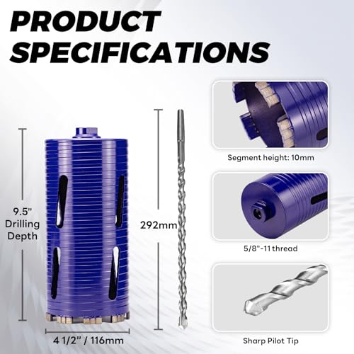 Image of 4-1 /2 inch Core Drill Bit with Pilot Bit & Adapters(SDS Plus and 1 /2 inch Hex), 5 /8 inch-11 Thread, 9.5 inch Depth, Upgraded-Welded Segments Diamond Core Bits for Concrete, Masonry, Brick Block