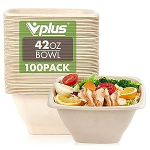 Vplus 100 Pack 42 OZ Paper Bowls, Square Disposable Compostable Bowls Bulk, Eco-friendly Bagasse Bowls, Heavy-duty Large Bowls Perfect for Milk Cereals, Snacks, Salads