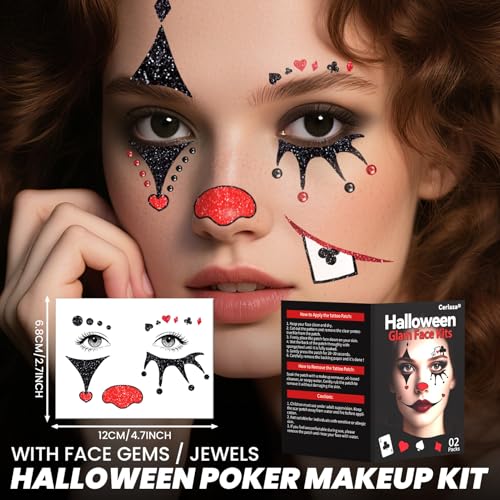 Halloween Clown Face Makeup Temporary Tattoos+Black Red Faces Gems - image 3