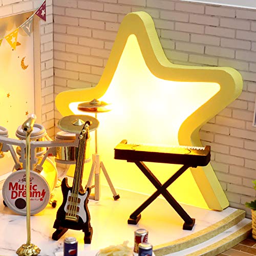 Doll House Miniature Dollhouse Kit DIY Wooden Dollhouse Accessories with Musical Instrument Toy Plus Dust Proof Cover Model House Assembled Cabin Handcrafts Educational Toys for Kids Teens Adults - Thumbnail 5