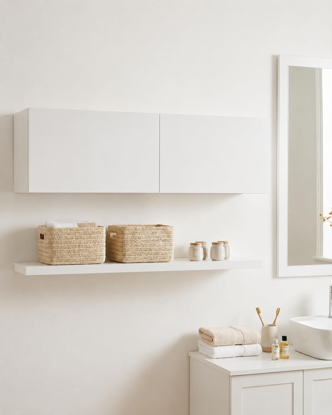 Pensile Bagno Sospeso 120 cm Bianco con Ripiano Regolabile