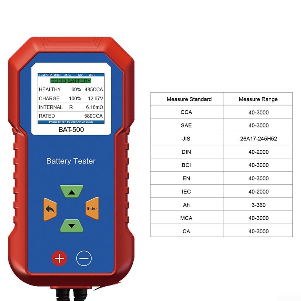 Batterietester 12V/24V für Blei-Säure-AGM-EFB-Lithium-Akkus, Innenwiderstand-Messgerät mit Farbdisplay, CCA-SOC-SOH-Diagnose für Auto-LKW-Werkstatt