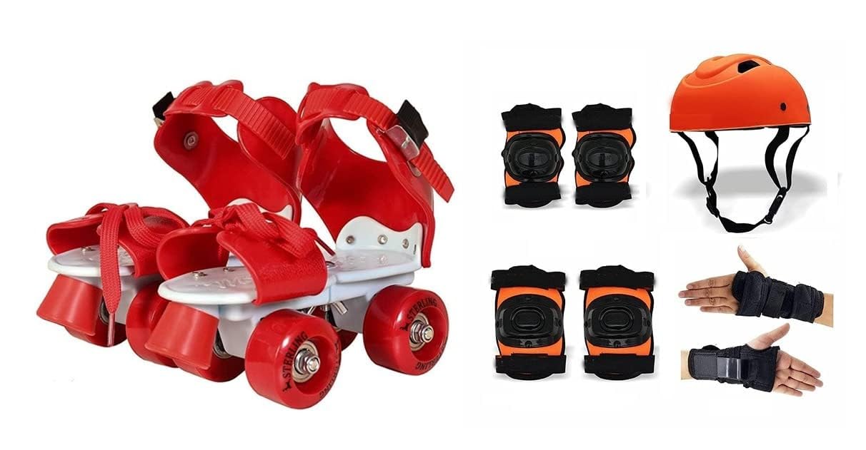 Qwick Click Roller Skates with Protective Set Guard Protection kit for Skating, Cycling, Skateboarding for Kids Age 6-15 Years with Knee, Elbow and Wrist Guards (Red-Orange)