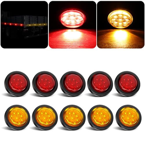 PVerandio 10Pcs 2 Inch LED Trailer Marker Lights 9 LED 2 Round Clearance Marker Lights with Reflectors for Trailer Truck RV Waterproof Sealed 12V