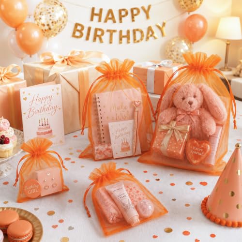 Image of FUNFERY 100PCS Orange Organza Gift Bags 5x7in,Drawstring Pouch for Jewelry