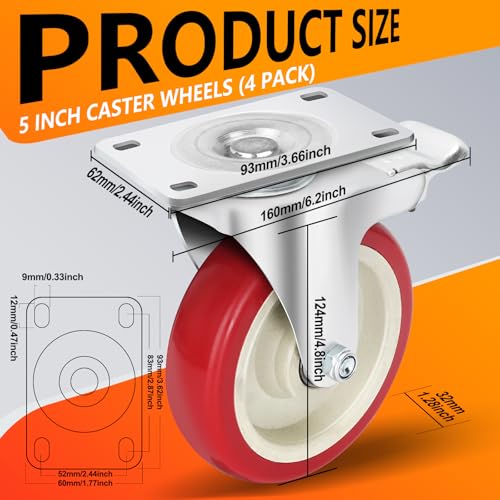 5-Inch Heavy Duty Caster Wheels Set of 4, Industrial Swivel Casters with Dual Locking Brake, Polyurethane Wheels for Workshop Trolley, Equipment, Machinery - 2800 lbs Capacity