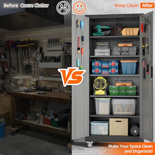 Image of Aobabo Metal Garage Cabinet with Wheels, 34 inch W x 18 inch D x 71 inch H,Gray