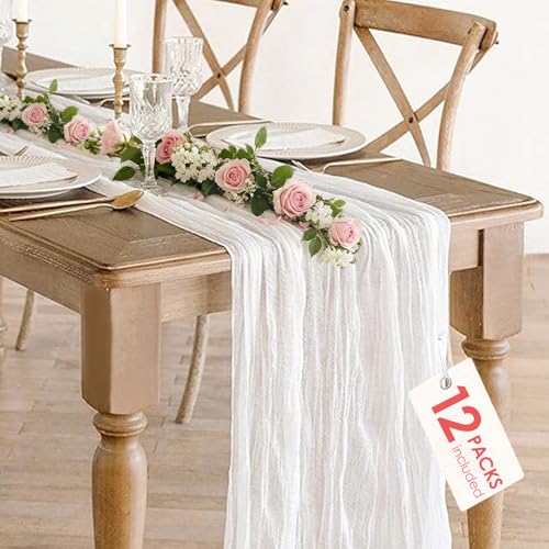 12 Pack White Cheesecloth Table Runner 35x120inch, Summer 10FT Boho Gauze Sheer Cheese Cloth Table Runner for Wedding Bridal Shower Baby Shower Boho Holiday Decorations by BLUETOP - Used condition - US$10.49