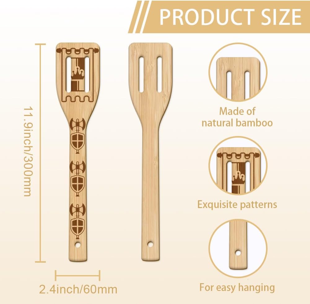 GLOBLELAND 6Pcs Castle Bamboo Cooking Utensils Knight Wooden Engraved Cooking Spoons Set Kitchen Bamboo Spatula for Women and Men Wood Cooking Spoon for Kitchen House Warming Gift