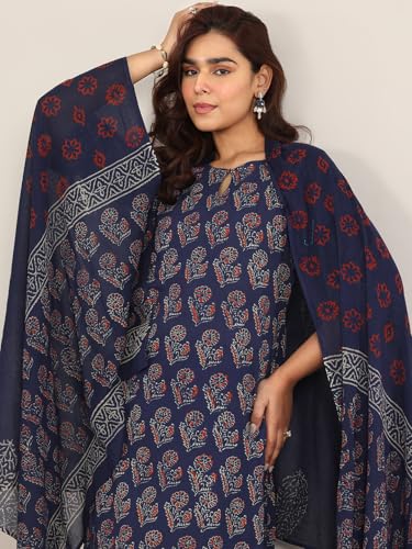 Image of Libas Printed Cotton Straight Kurta With Palazzo and Dupatta