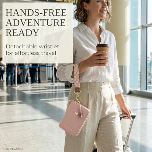 Image of Stylish Passport Holder for Travel with Detachable Wristlet Strap, Pink, 6.4 x 4.6 x 0.7 inches, Modern | All-in-one Travel Wallet Organizer for Women - Secure Money Belt Alternative with Card Slots and Tassel Keychain