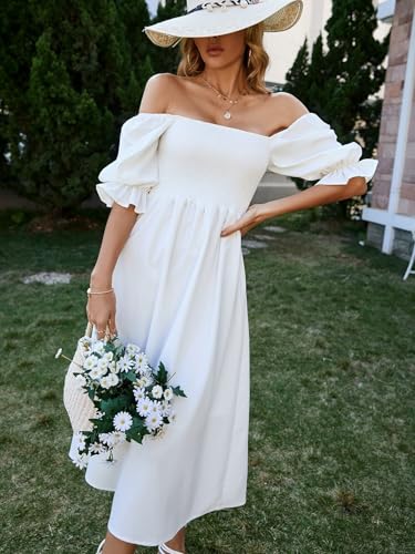 Womens Square Neck Shirred Detail Puff Sleeve A-Line Dress Vacation Outfits Backless A Line Dresses for Women4