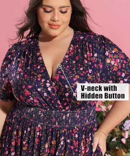 Image of CARCOS Plus Size Dresses for Curvy Women V Neck Summer Maxi Dress Short Sleeve Floral Boho Dress Smocked Waist Beach Dress