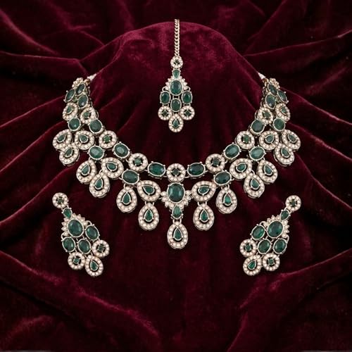 Image of I Jewels Traditional Teardrop Design & Stone Necklace Jewellery With Earrings & Maang Tikka Set for Women (IJ414)