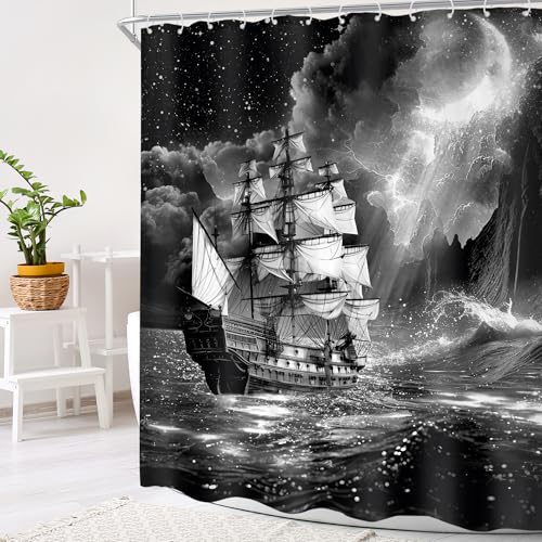Cinbloo Black and White Beach Shower Curtain 60Wx72H Ocean Coastal Sailboat Bathroom Curtain Set Moon Clouds Nautical Bath Curtain Fantasy Starry Night Sky Bathroom Decor Cloth Fabric with 12 Hooks - Image 3