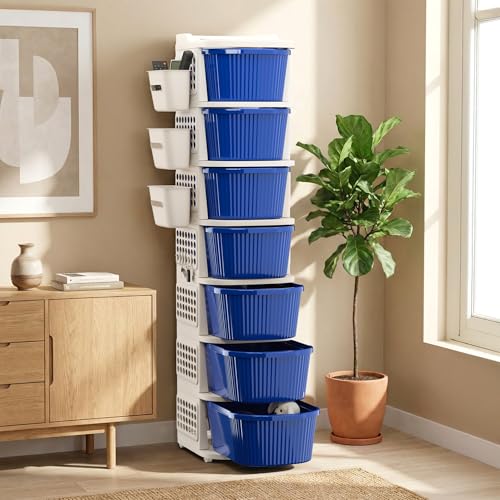 Kuber Industries 7 Tier Plastic Storage Drawer Cabinet with Side Basket/Hooks/Integrated Handle & Wheels | Modular System for Storage in Home | Ivory & Blue