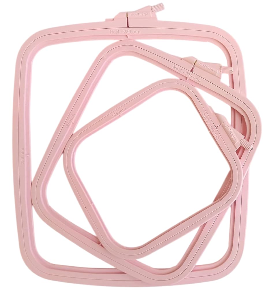 Nurge Square Embroidery Hoop - Plastic Cross Stitch Frame for Needlepoint &amp; Embroidery - Adjustable Craft Hoop - Pink - Set of 3