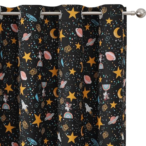 Image of Star Moon Black Out Curtains 63 Inch Long for Kids Bedroom /Nursery,38Wx63L | Estelar Textiler Grommet Thermal Insulated Room Darkening Drapes,Unicorn Planet Window Curtains for Boys Room,Pack of 2