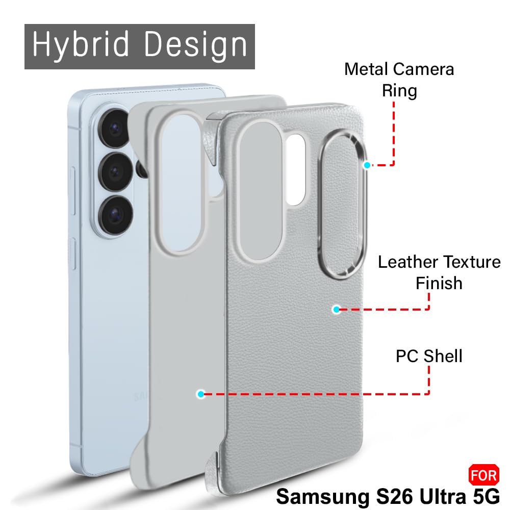 TheGiftKart Hybrid Ultimate Slim Back Case Cover for Samsung Galaxy S26 Ultra 5G | Lightweight Profile | Hard Back Cover Case (PC & TPU, Metal Camera Ring, Leather Texture Finish, Grey) — Amazon image 3