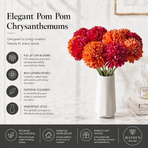 Image of Mandy's 12pcs Artificial Red and Orange Ball Chrysanthemum Flowers