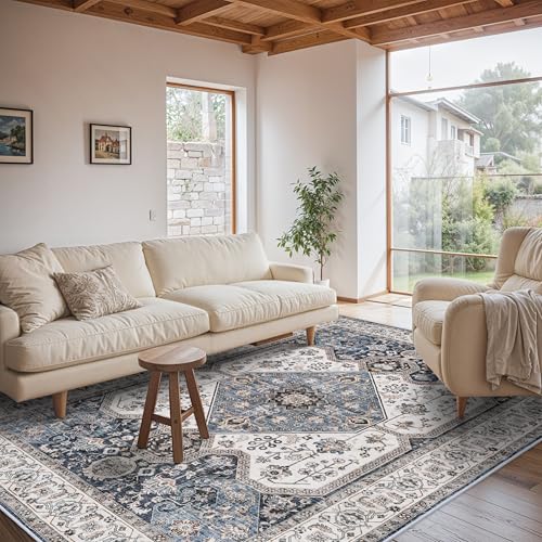 RUUGME Washable 6x9 Area Rug - Vintage Area Rugs with Non Slip Backing Stain Resistant Carpet for Bedroom Dining Room Indoor Soft Carpets Home Decor Mat for Bathroom 6x9 Navy