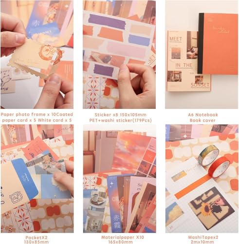 Image of RANDEN Sunset Journaling Kit, 346PCS Vintage Scrapbook & Stationery Set with Aesthetic Stickers, Ephemera Pack and Journal Supplies for Bullet Journals, Planners, Albums & Creative Crafts (Sunset)