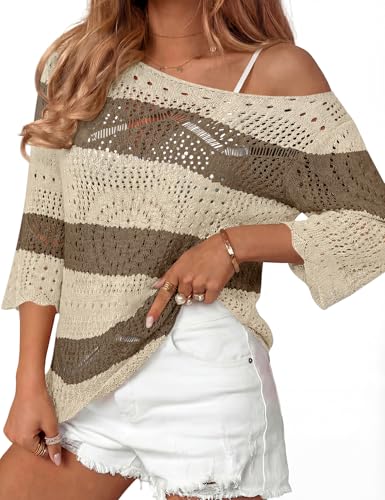 Image of Rapbin Womens Crochet Hollow Out Knit Tops 3 /4 Sleeve Spring Summer Sweaters Beach Cover Ups for Women Trendy 2026
