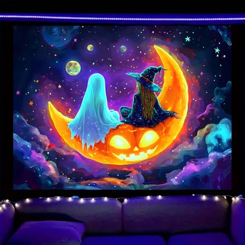 Image of Nuxovilar Spooky Pumpkin Wall Tapestry Polyester 78.74x59.05 In | Glow Poster Trippy Wall Art Holiday Decor UV Backdrop Living Room Bedroom Lounge Space Room (Pumpkin Moon Boat)