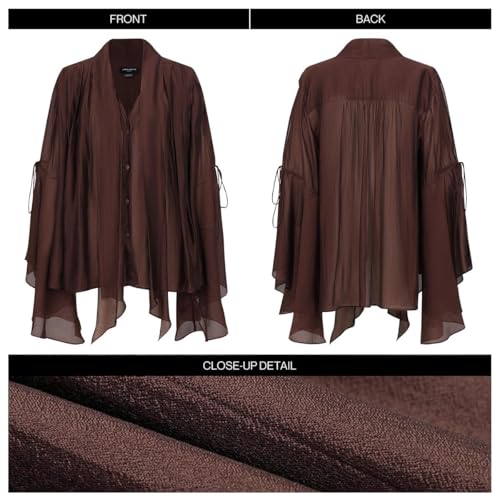 Women's Shirts Long Flowy Layered Bell Sleeve Blouse with Tie Neck Ruffle Hem Button Down Tops2