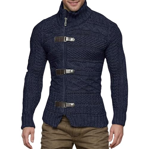 Mens Cable Knitted Cardigan Sweaters Long Sleeve Stand Collar Soft Comfortable Turtleneck for Daily Wear