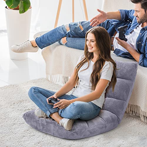 Image of COSTWAY Floor Chair, Video Gaming Chairs with Back Support, Adjustable 14-Position, Alloy Steel Frame, Lazy Sofa Lounge Recliner for Adults Kids, Grey