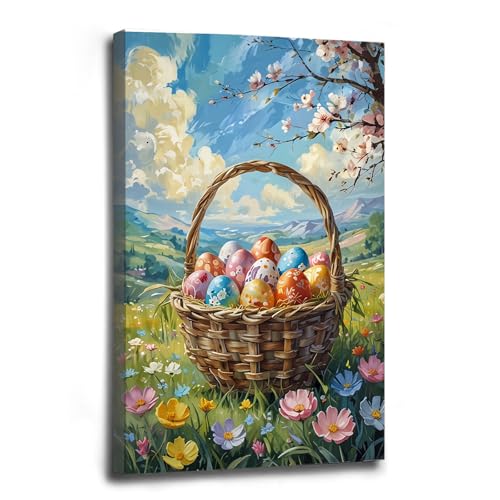 Vibrant spring landscape posters, vintage Easter egg wall decorations, stylish