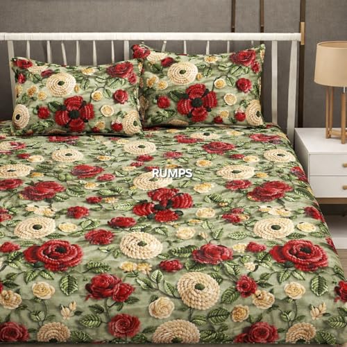 Image of RUMPS 380 TC Premium Heavy Cotton 7D Print Fast Colour Feel Elastic Fitted Floral Bedsheet King Size with 2 Pillow Covers || (Green NEW, Fitted - 72 inchx78 inch King)