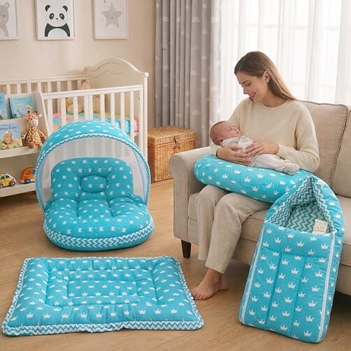 Image of Fareto Baby Bed | Carry Bag | Fedding Pillow | Hand Carry Bed | Combo of Bedding Essentials (Blue Crown)
