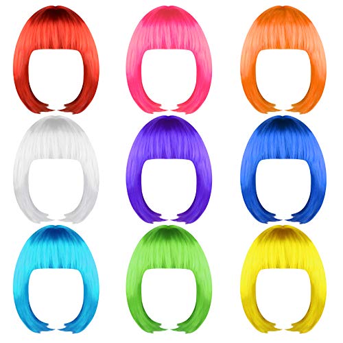jiebor 9pcs Colorful Party Wigs Short Bob Hair Wigs Neon Color Costume Cosplay Wigs for Women