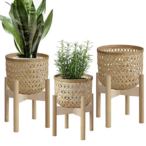 Made Terra Macetas de mimbre tejido natural con soporte, cubierta para maceteros con soporte de madera para decoración moderna de interiores, juego de 3 unidades, L, M, S (natural)