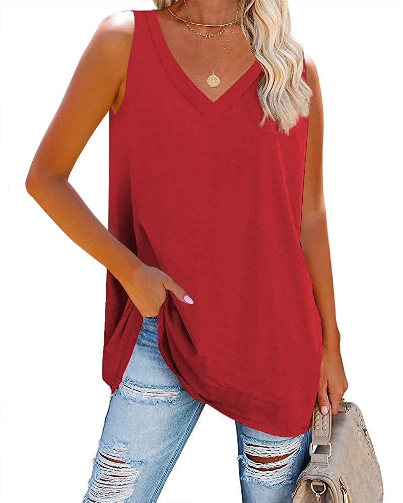 Fisoew Damen Tank Top V-Ausschnitt Blusentop Sommer Basic Tops Ärmellos Bluse Locker Cami Oberteile
