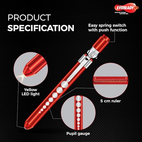 Image of Eveready Penlite DL01, Pocket Size 0.2W Doctor's Torch, Soft Yellow LED Light, Pupil Gauge, Durable Aluminium Body, Powered by 2 AAA Ultima Alkaline Batteries (Included)