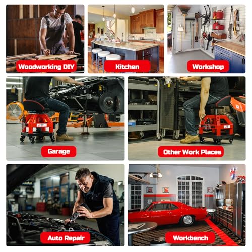 Image of Rolling Shop Stool for Garage with Casters, DO02-Adjustable Height 360 Swivel Shop Seat with Tool Tray Storage, 330 LBS Capacity Padded Mechanic Stool, Magnetic Tool Hold, Heavy Duty, Red