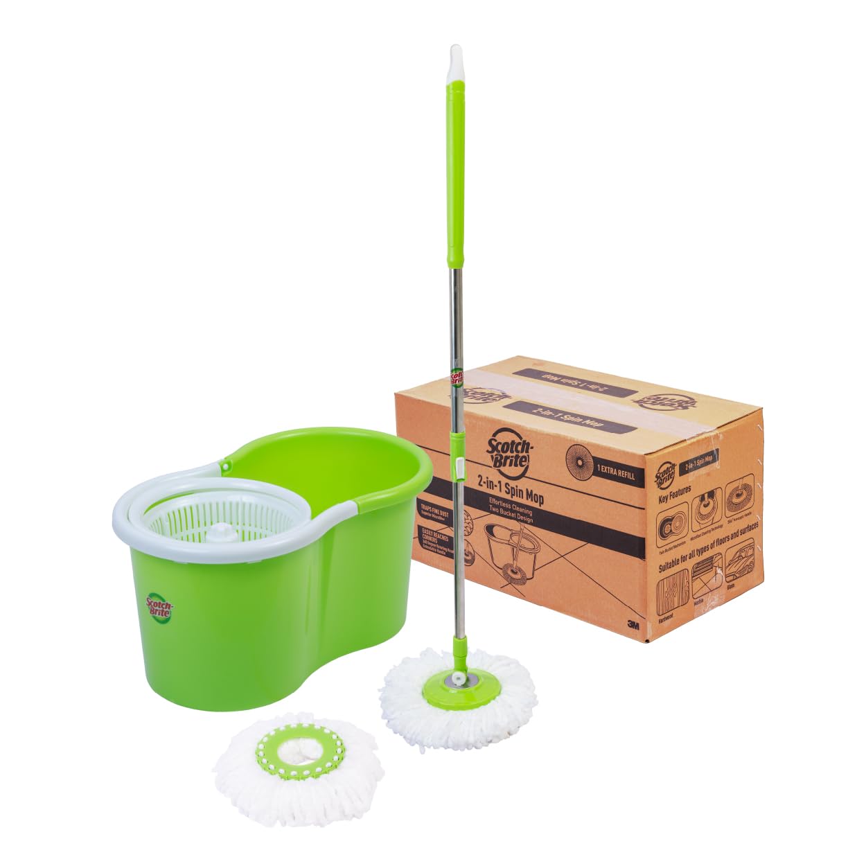 Scotch-Brite 2-in-1 Bucket Spin Mop (Green, 2 Refills), 4 Pcs