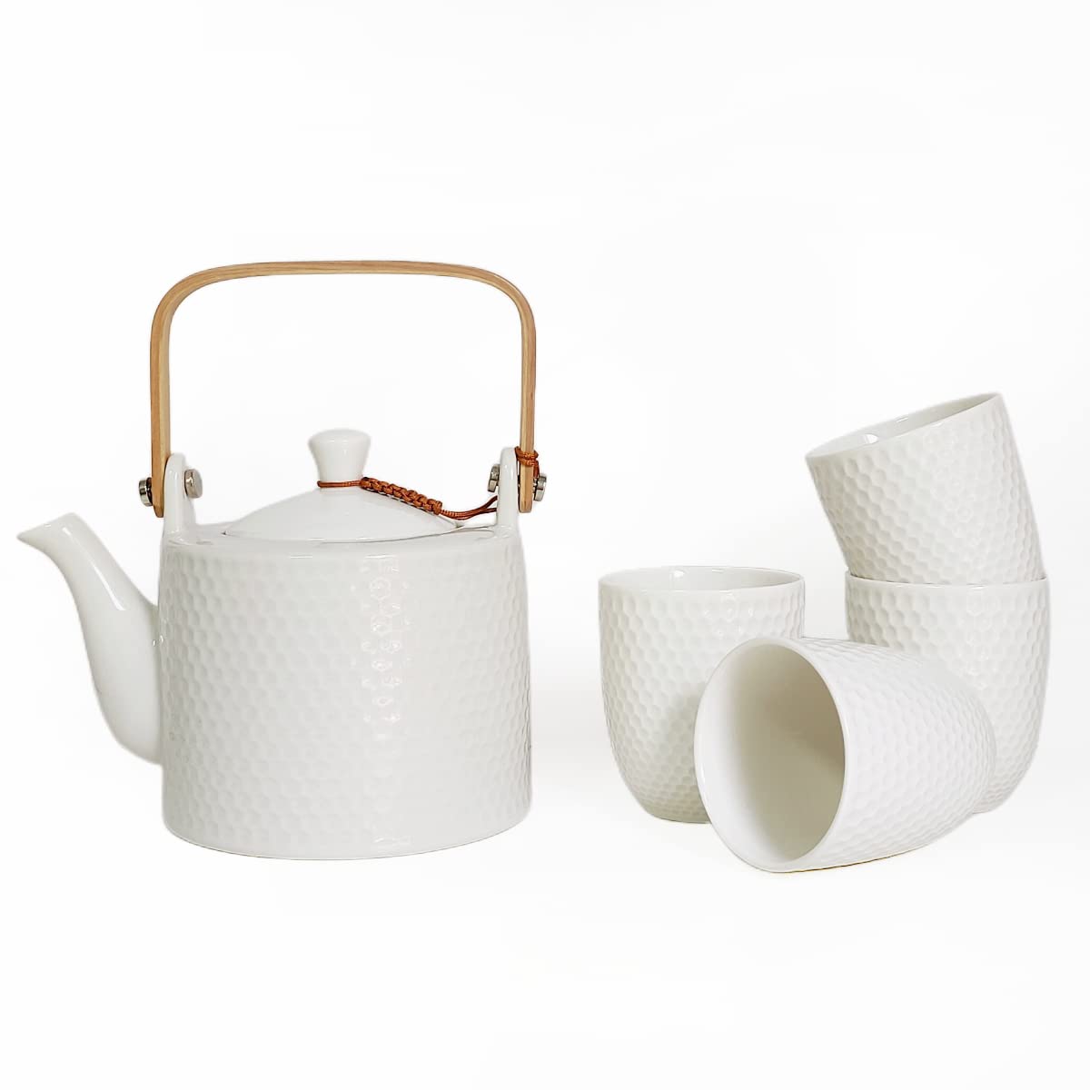 Service à Thé avec théière en Céramique Blanche, 900ml Théière avec 1 Filtre et 180ml 4 Tasses，Modèle Design Relief Géométrique