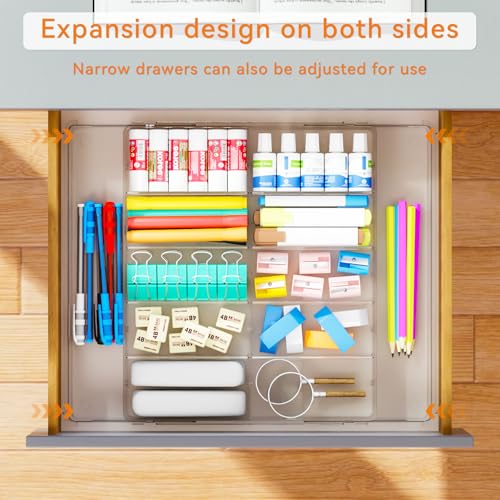 Yieach Large Expandable Desk Drawer Organizer Tray for Office Supplies and Accessories With 12 Adjustable Compartments,Office Drawer Organizers for Pencil,Pen and Kitchen Junk Drawer Organizer,Clear - Image 6