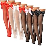 Funtery 6 Pairs Women Thigh High Stockings Satin Bow Fishnet Stockings Over The Knee Stretchy Stocks for Christmas Party