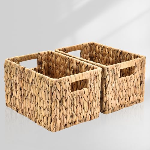 Image of ELONG HOME Water Hyacinth Rectangular Wicker Baskets, 12" Wicker Basket 2 Pack, Woven Storage Baskets with Handles