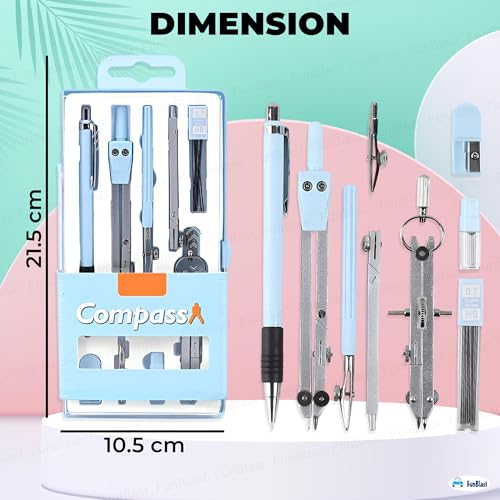 Image of FunBlast Metal Compass Set 9 Pcs - Geometry Box with Protractor, Set Squares, Ruler, Compasses, Ruler Sets, Instrument Box, Math Geometry Kit for Student & Professional (Blue)