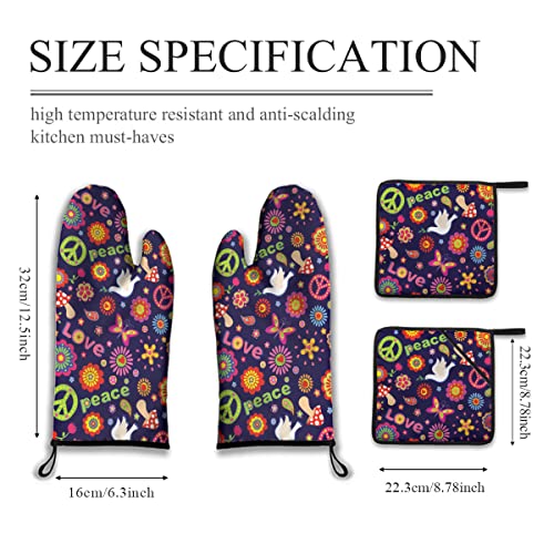 Oven Mitts And Pot Holders Sets Of 4 Hippie Flowers Kitchen Potholder Gloves Heat Resistant Non-Slip For Chef Baking Cooking Grilling Mittens #TOP1