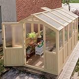 8x6 FT Wooden Greenhouse for Outdoor, Reinforced Fir Wood Structure and Polycarbonate Walk-in Greenhouse Kit with Staging Shelves,Wall Hooks,Safety Vents,Door Latch,Doorstop Hook for Gardening