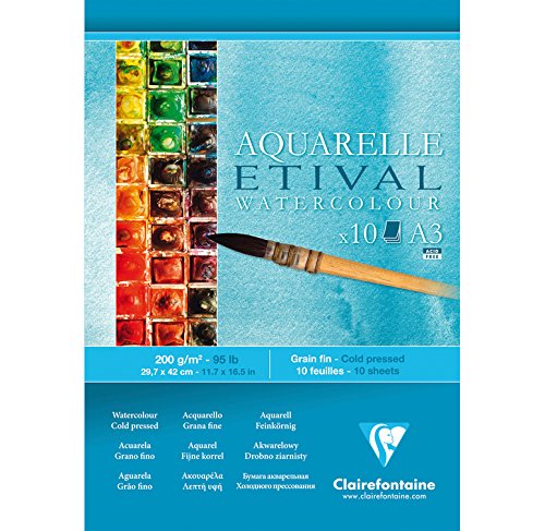 Blocco per Appunti, in testa di 10 fogli di Carta per acquerelli Etival, grana fine, 200 g/m², 29,7 x 42 – Set di 5